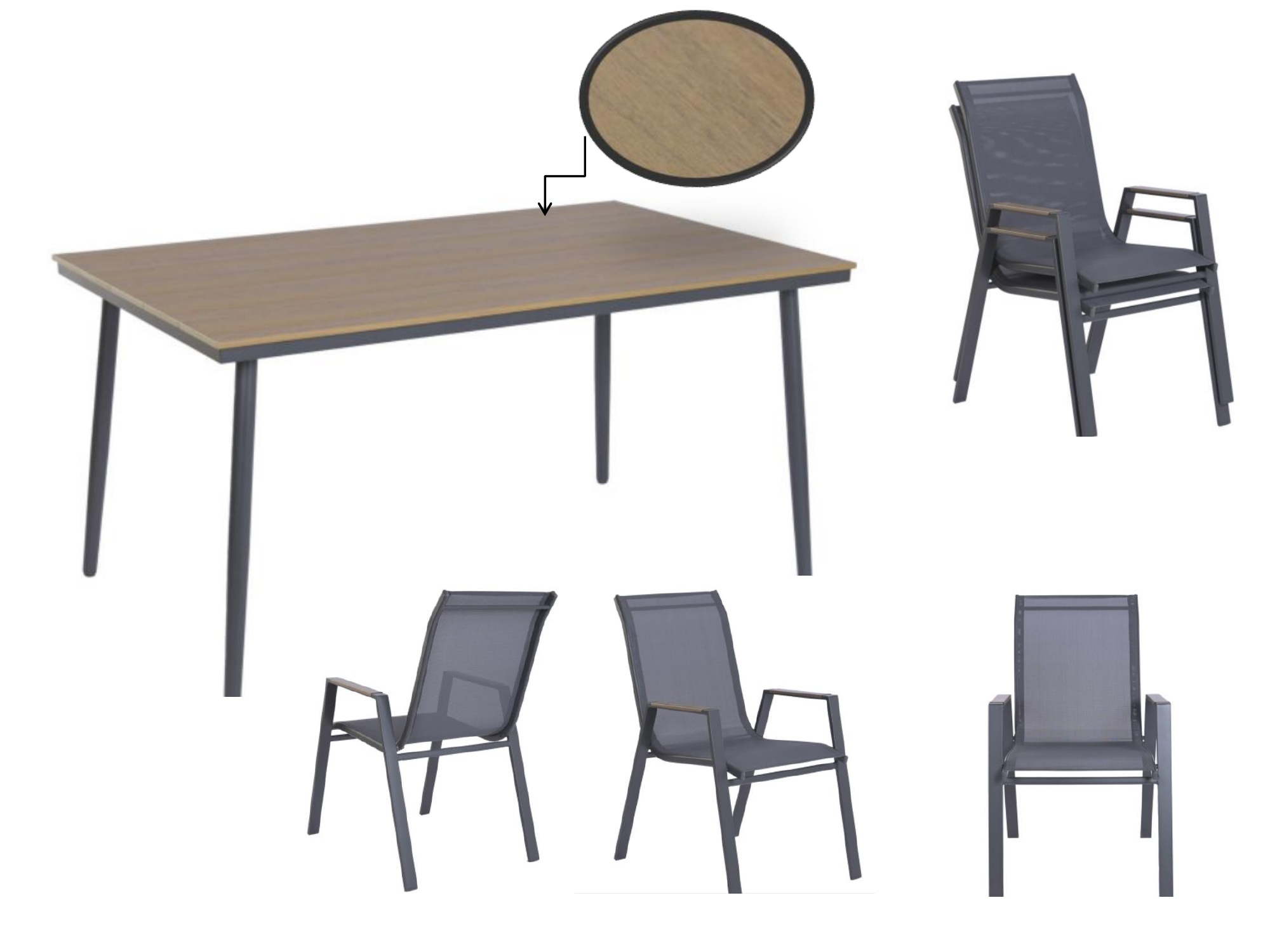 Mesa de exterior y sillas apilables — mirada de cerca Contemporánea